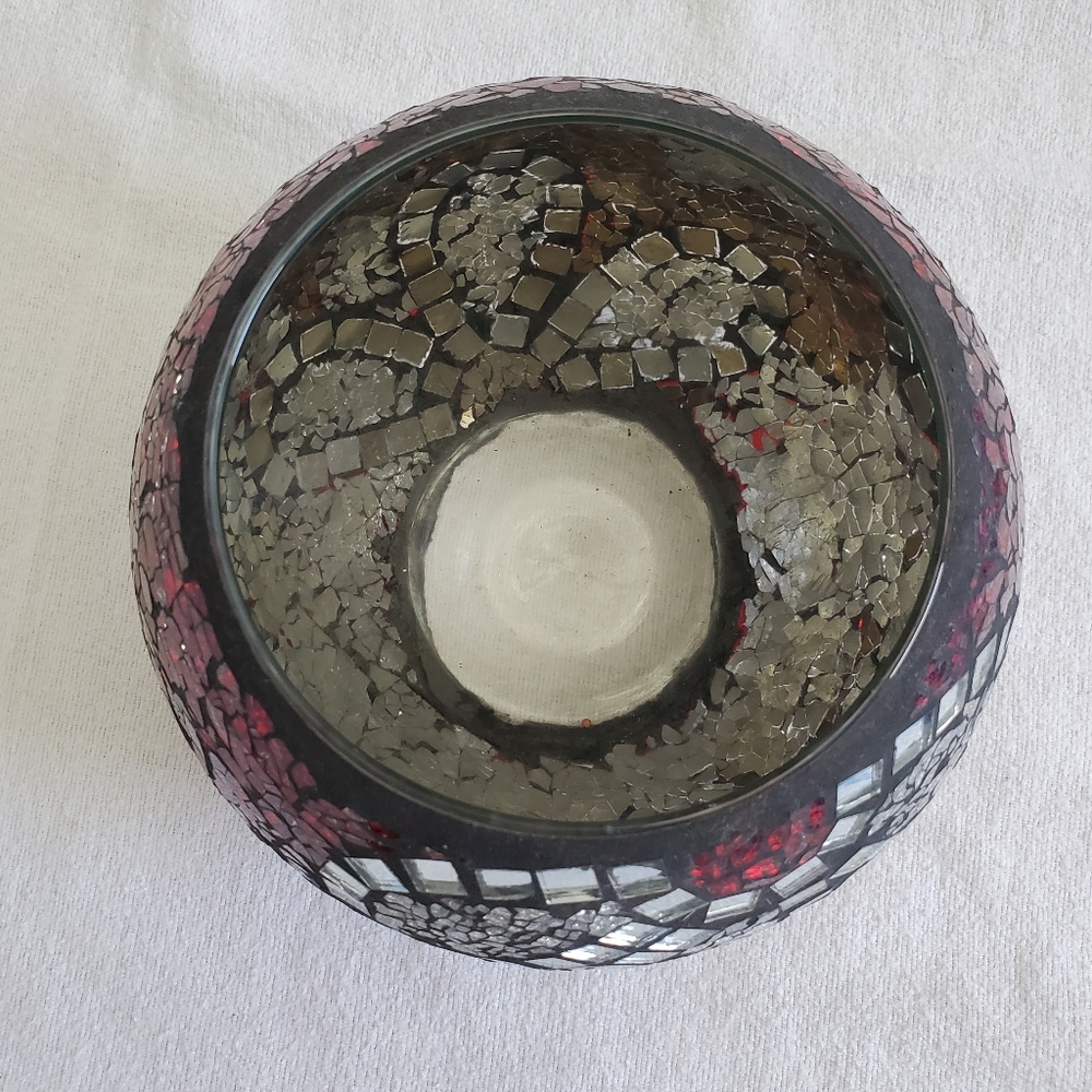 Mosiac Candle Holder Bowl, Mirror & Red Crackle Glass, 6" tall - Picture 3 of 4